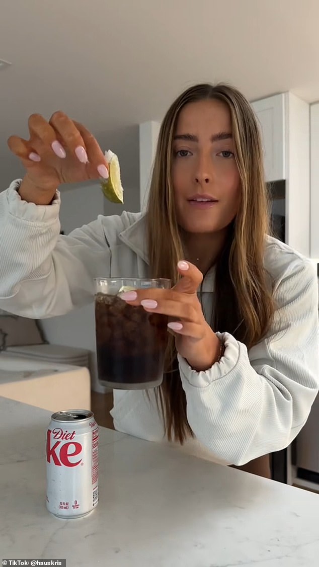 Pictured: A creator has racked up millions of views for the perfect 'Afternoon Diet Coke' recipe where she reveals the lengthy process of preparing the perfect afternoon snack