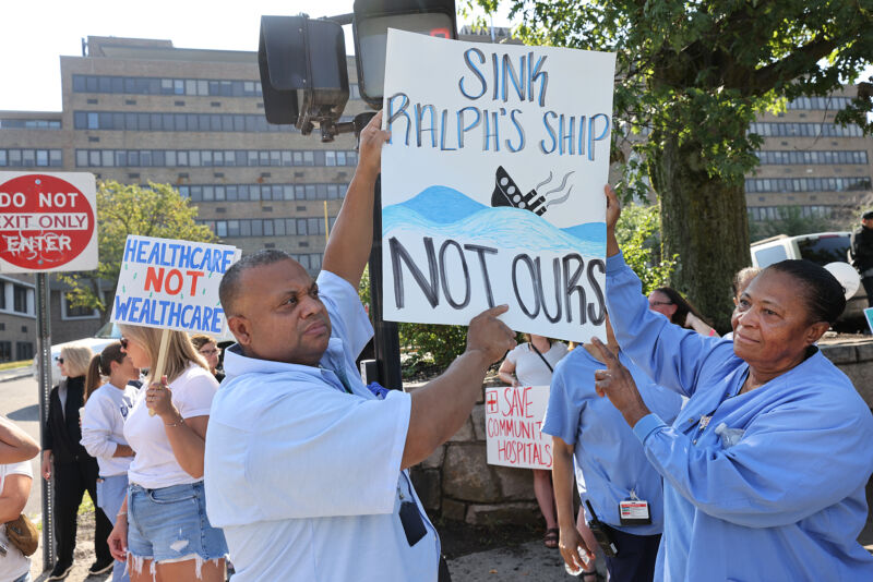 Hospital workers and community members protested outside Carney Hospital in Boston on August 5 as Steward announced it would close the hospital. "Ralph" Refers to Steward CEO Ralph De La Tor, who owns the fleet.