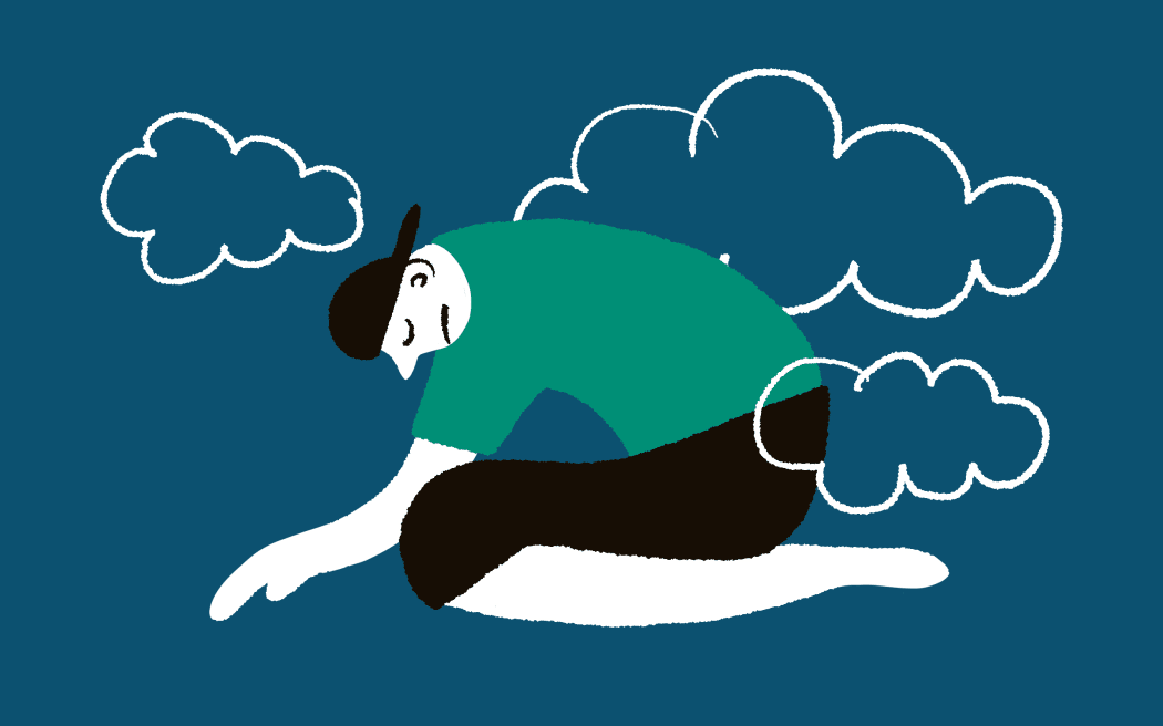 Stylized portrait of a sad young man with clouds hanging over his head